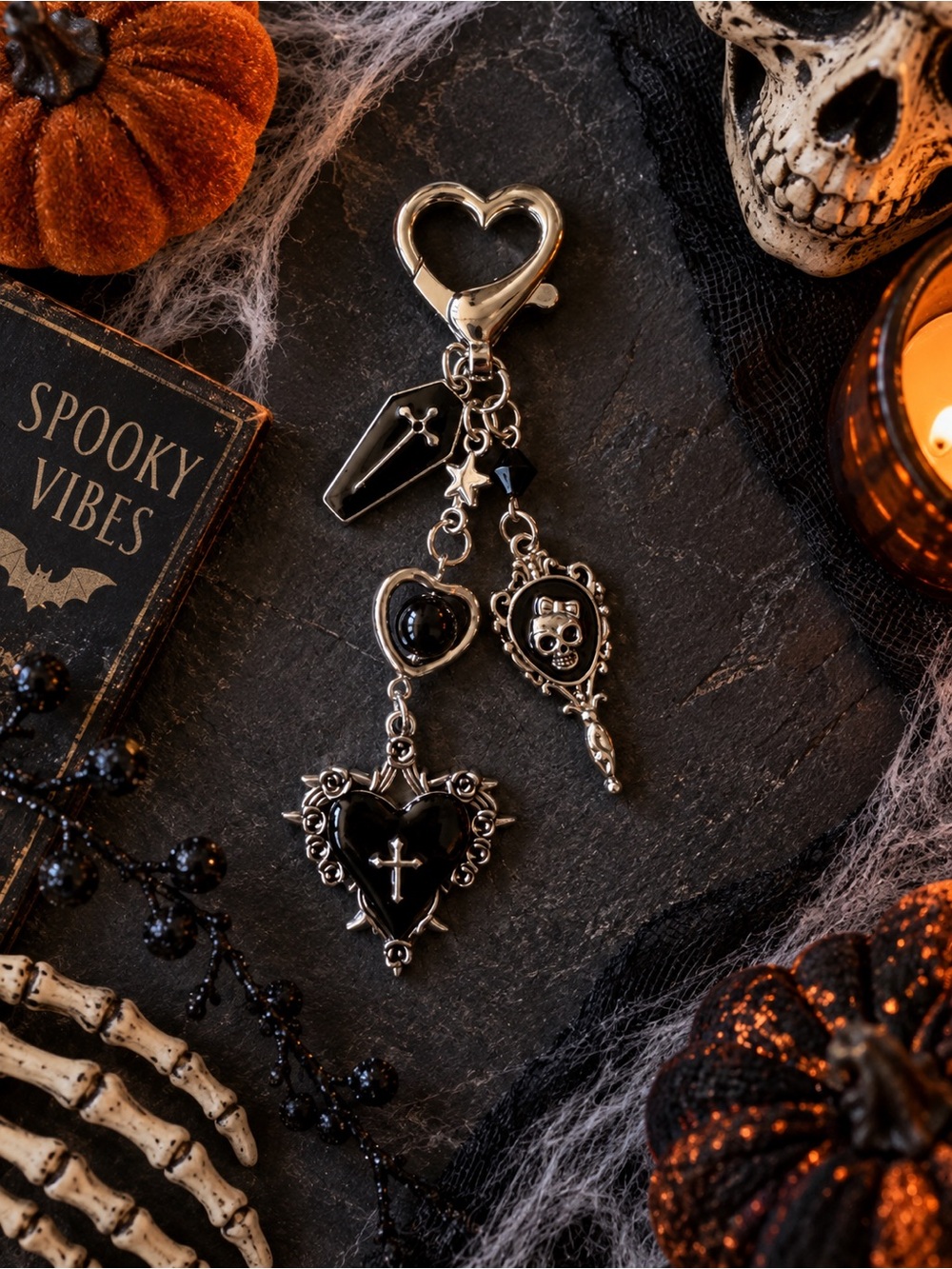 Gothic Heart & Skull Keychain Charm